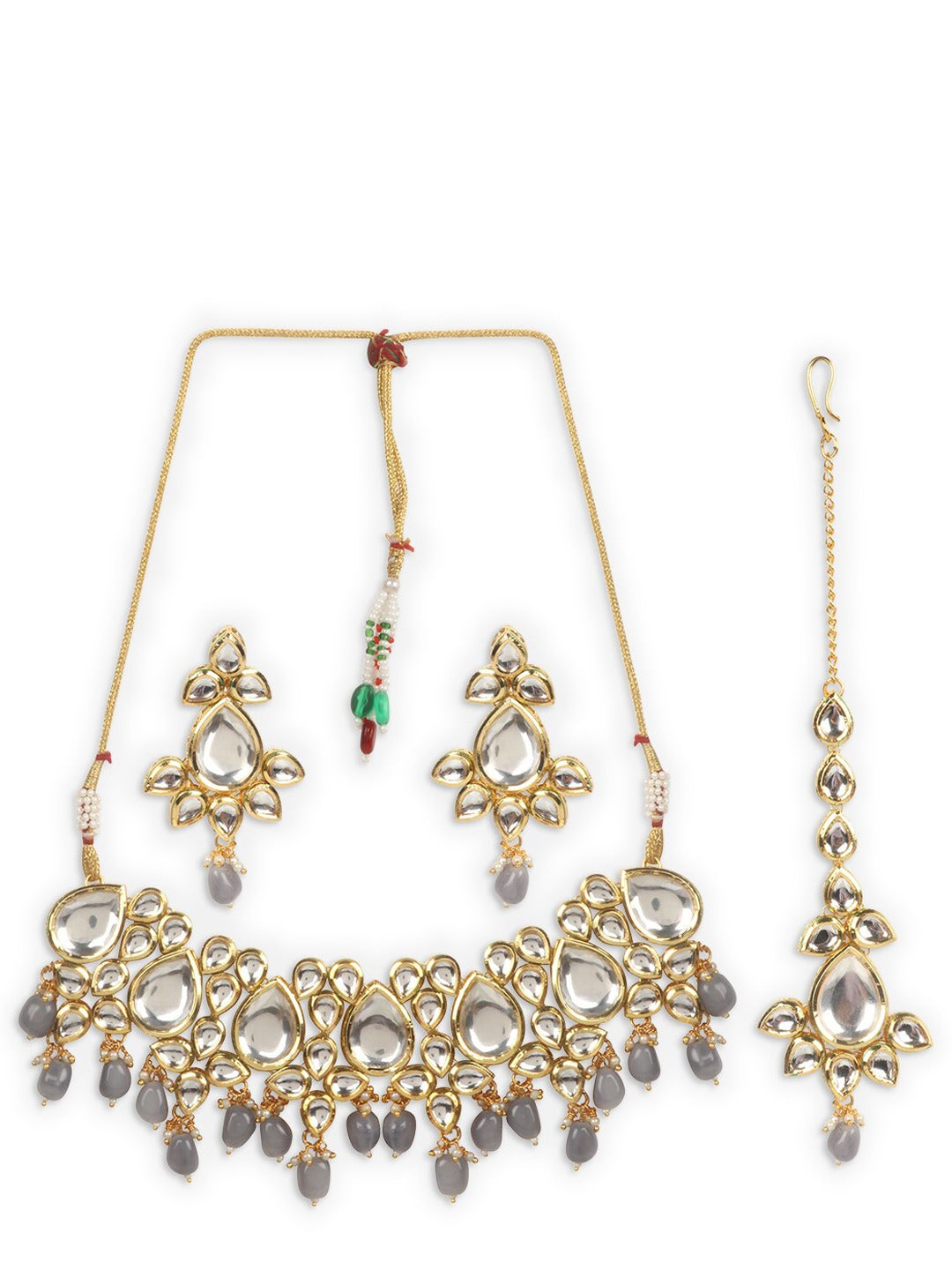 Gold-Plated Grey & White Kundan Studded Jewellery Set