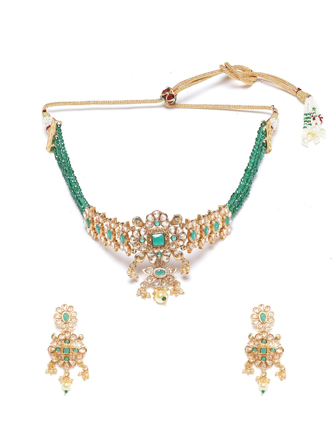 Green Gold-Plated Stone-Studded Beaded Handcrafted Jewellery Set