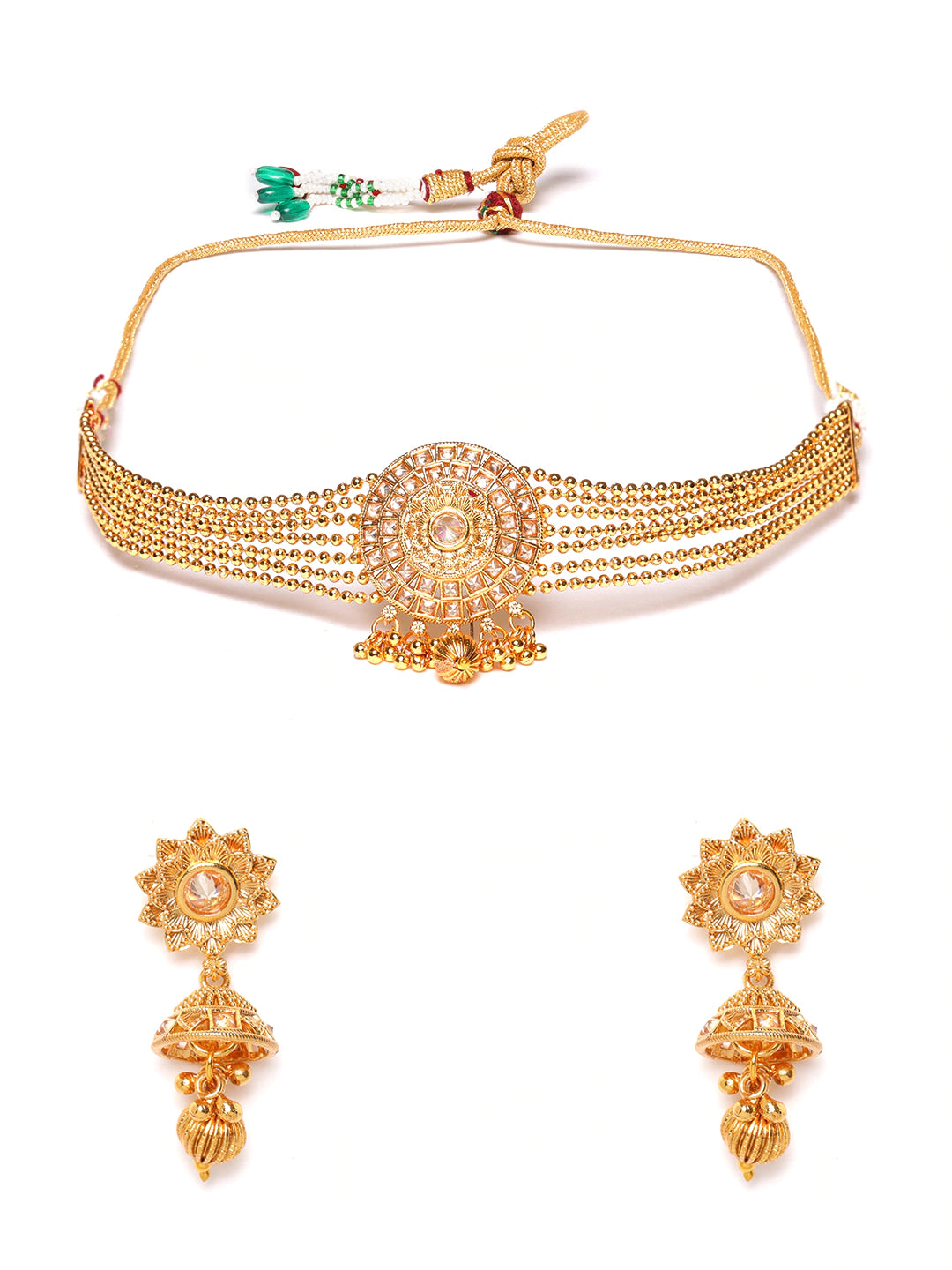 Gold-Plated Handcrafted Stone-Studded Multi-Stranded Jewellery Set