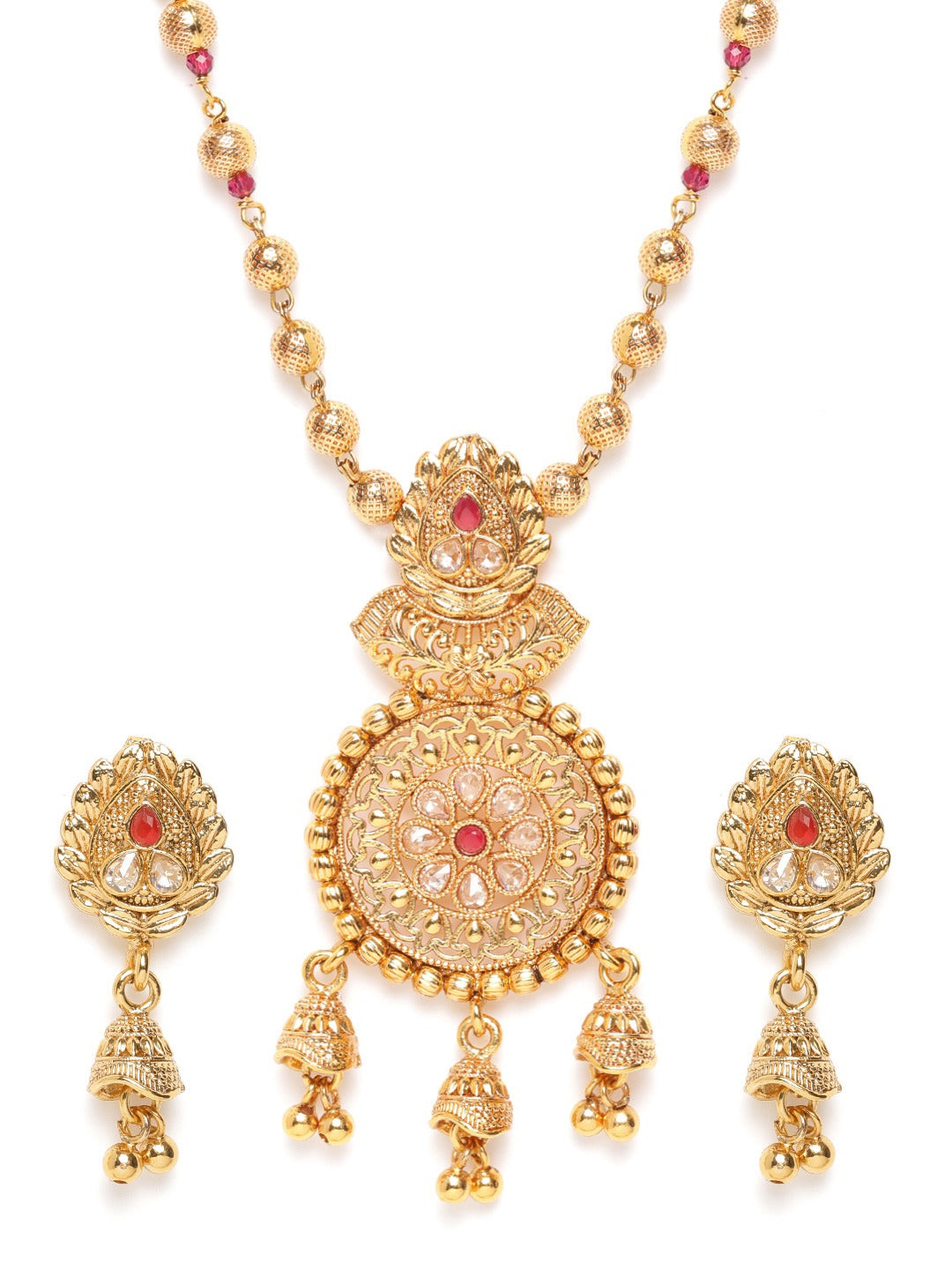 Maroon Gold-Plated Handcrafted Stone-Studded & Beaded Jewellery Set