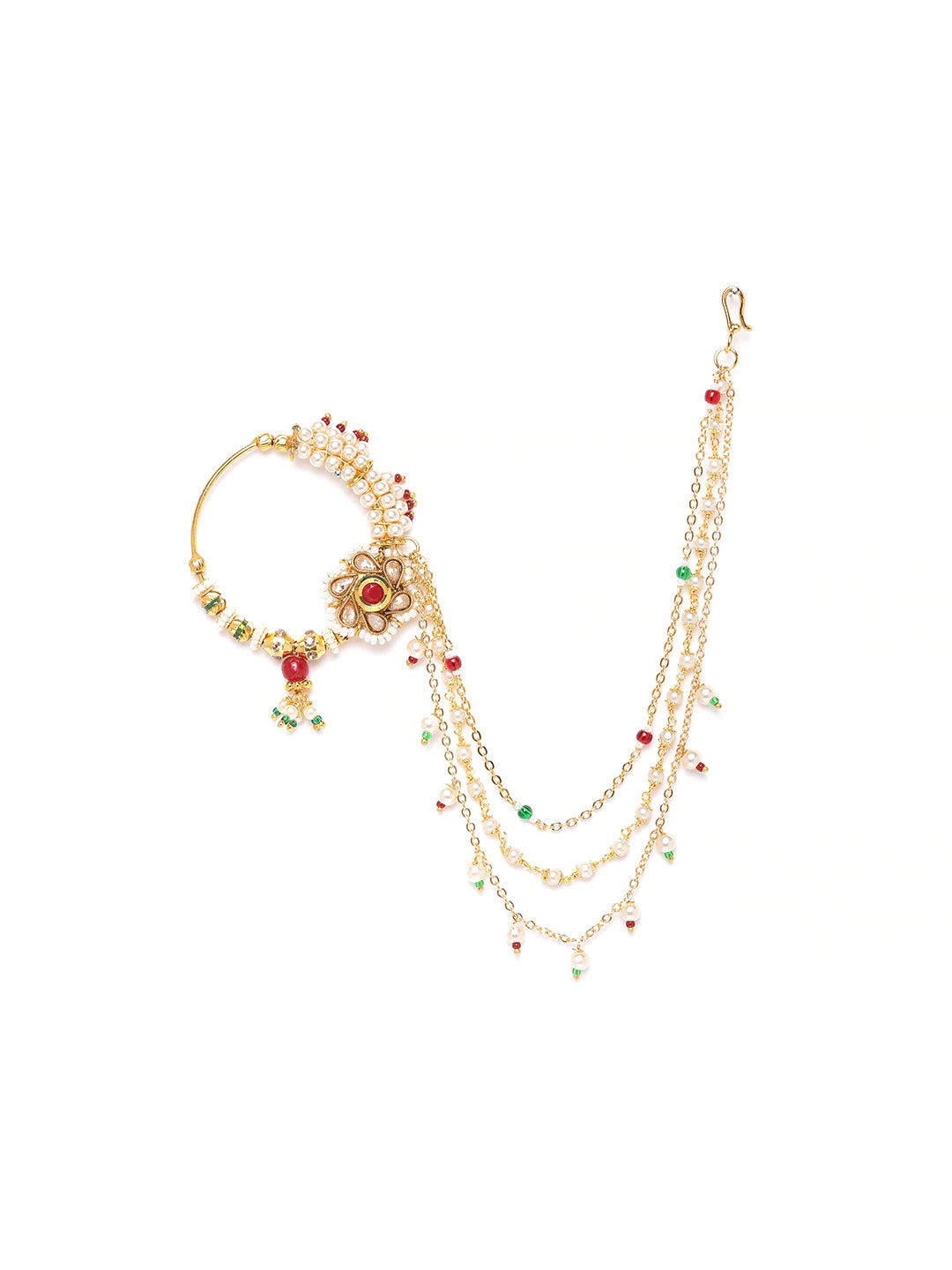 Red & Green Gold-Plated Stone-Studded Nose Ring with Beaded Chain