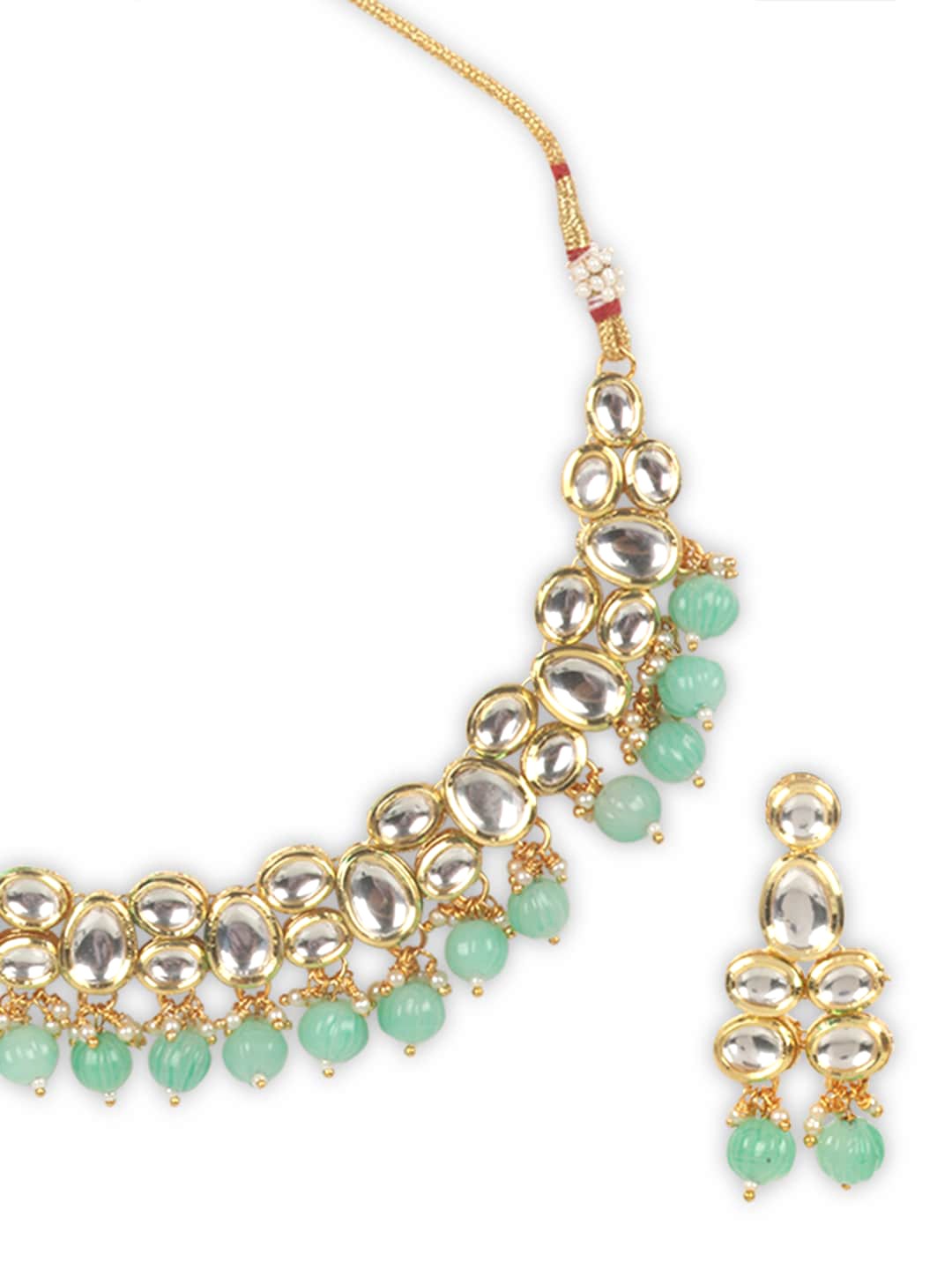 JEWELS GEHNA Gold-Plated White & Seagreen Kundan-Studded & Beaded Jadau Traditional Jewellery Set