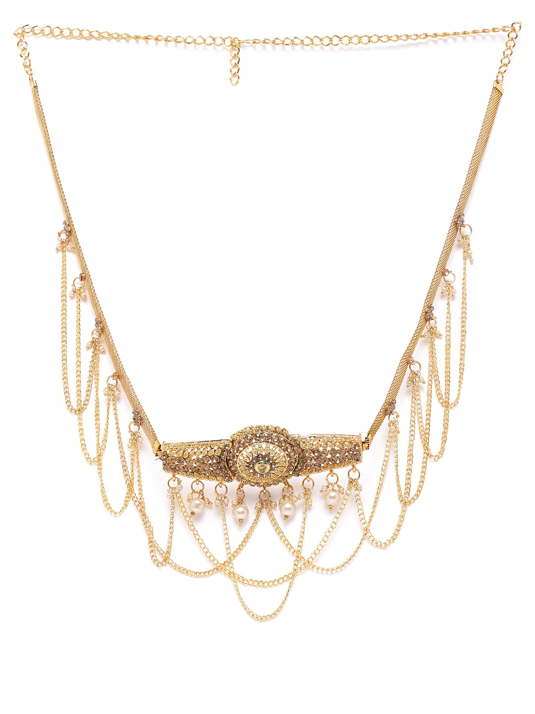 Gold-Plated CZ-Studded & Beaded Handcrafted Kamarbandh ( American Diamond , Gold , Gold )