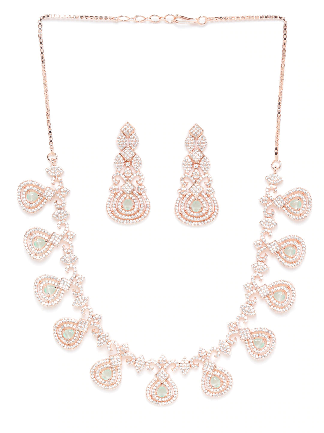 Sea Green Rose Gold Plated AD Studded Handcrafted Latest Necklace Set ( American Diamond , Rose Gold , Sea Green )