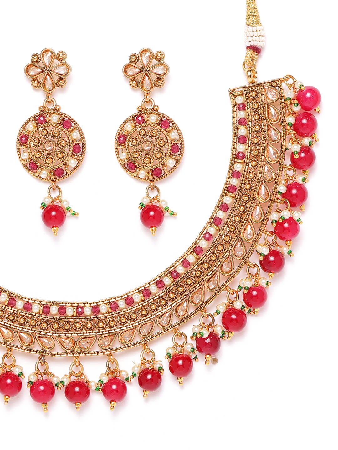Red Gold-Plated CZ-Studded & Artificial Beaded Handcrafted Jewellery Set