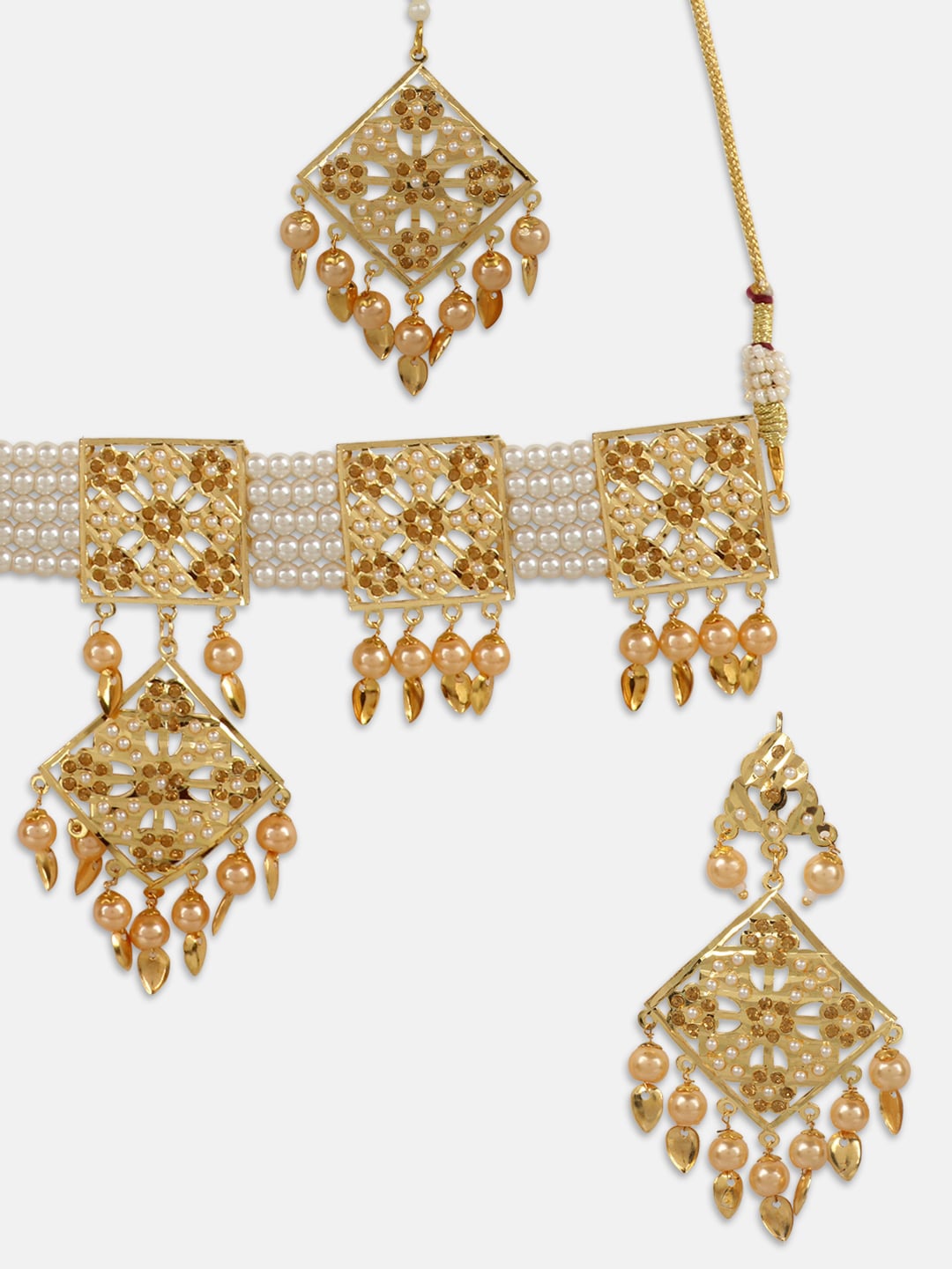 Gold-Plated White & Beige Pearl-Beaded & Stone-Studded Handcrafted Jewellery Set ( American Diamond , Gold , White )