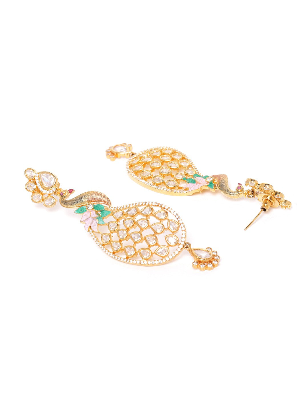 Peach-Coloured Gold-Plated Handcrafted AD Stones Peacock-Shaped Drop Earrings