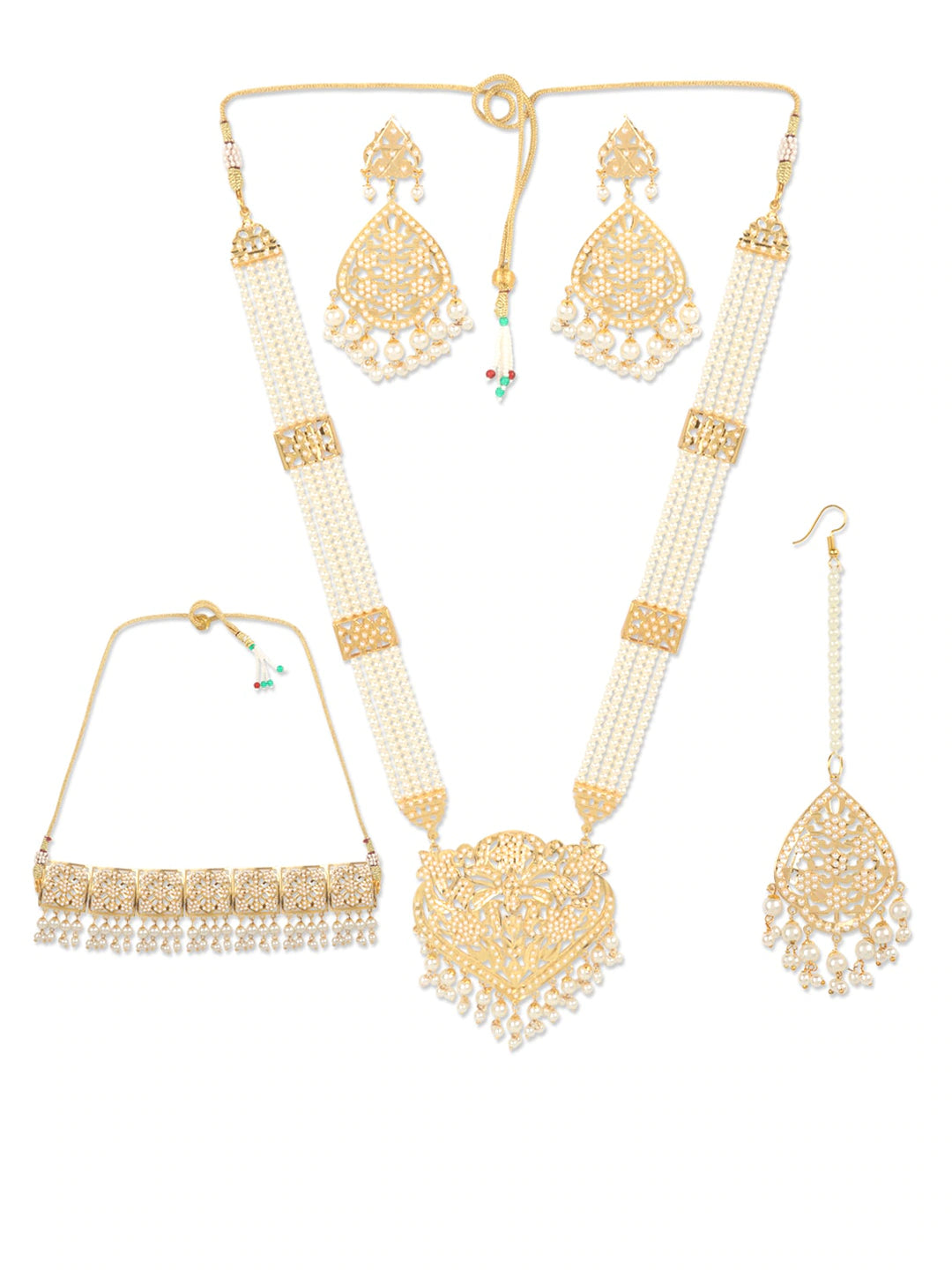 Gold-Plated White Pearl Studded & Beaded Traditional Jadau Jewellery Set