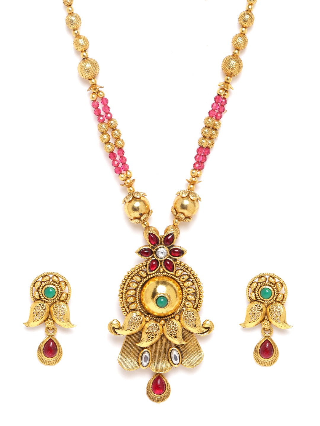 Red & Green Gold-Plated Stone Studded & Beaded Handcrafted Jewellery Set