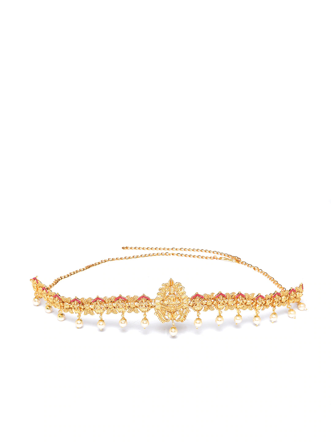 Magenta & Off-White Gold-Plated CZ-Studded & Beaded Temple Kamarbandh ( American Diamond , Gold , Magenta )