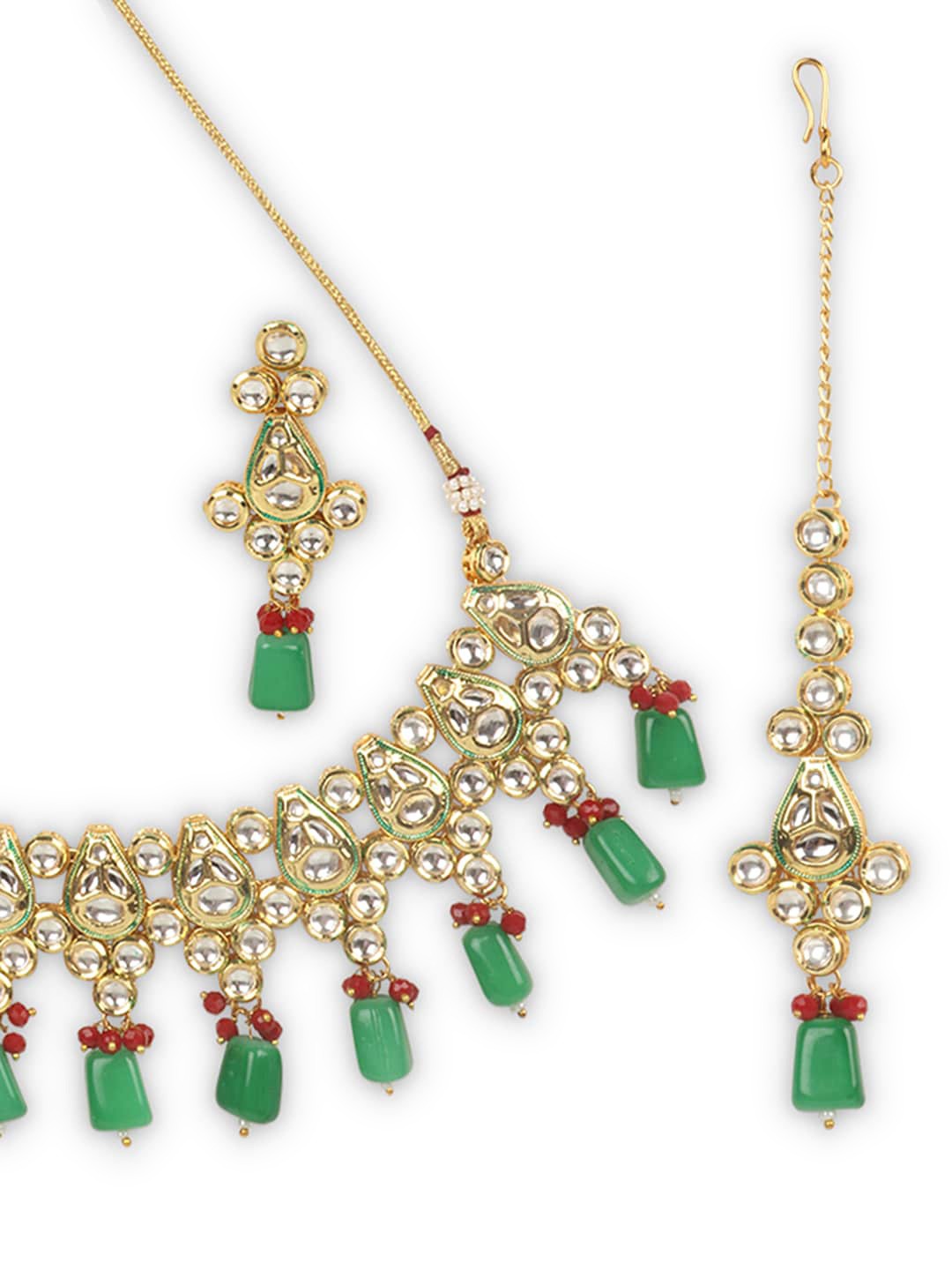 Gold-Plated White Kundan-Studded & Green Beaded Vilandi Jewellery Set