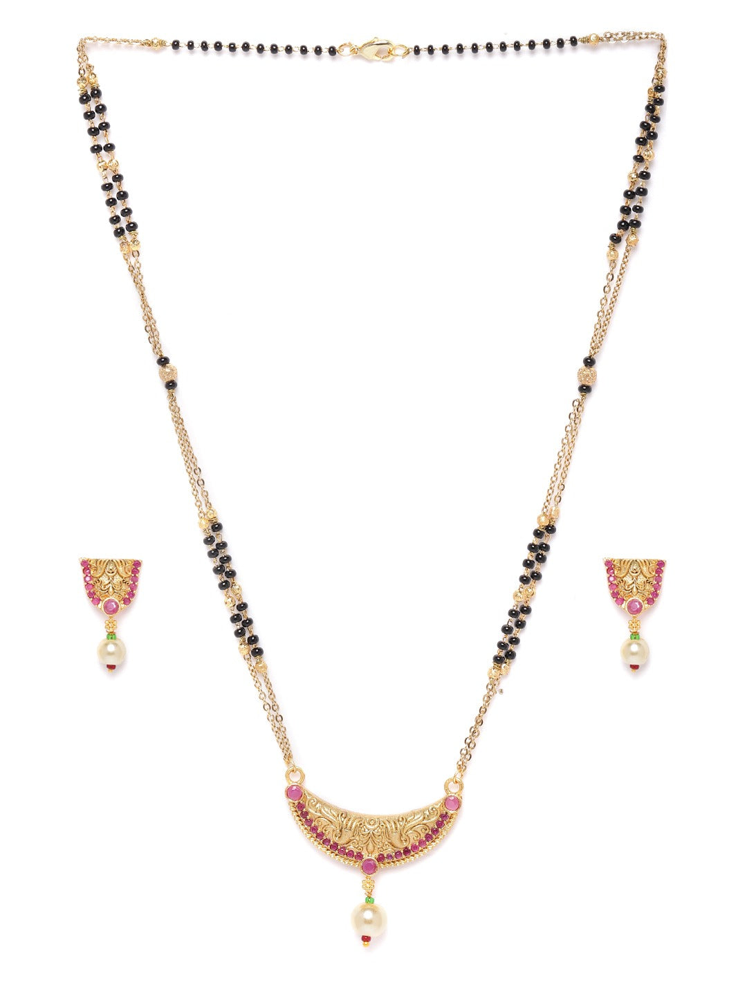 Black & Pink Gold-Plated Stone-Studded & Beaded Mangalsutra & Earrings Set