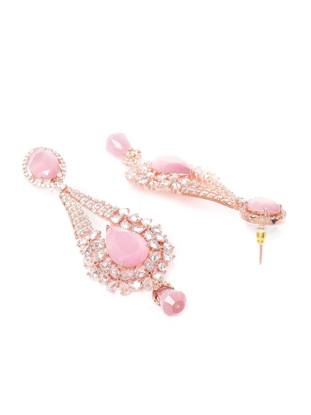 Rose Gold-Plated AD Studded Beaded Handcrafted Teardrop Shaped Drop Earrings