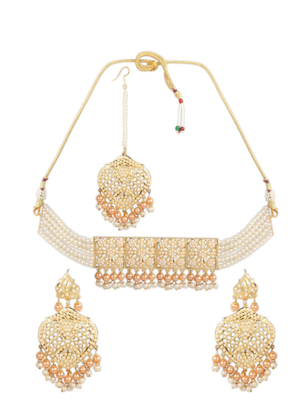 Gold-Plated White & Peach-Coloured Pearl Beaded Jewellery Set