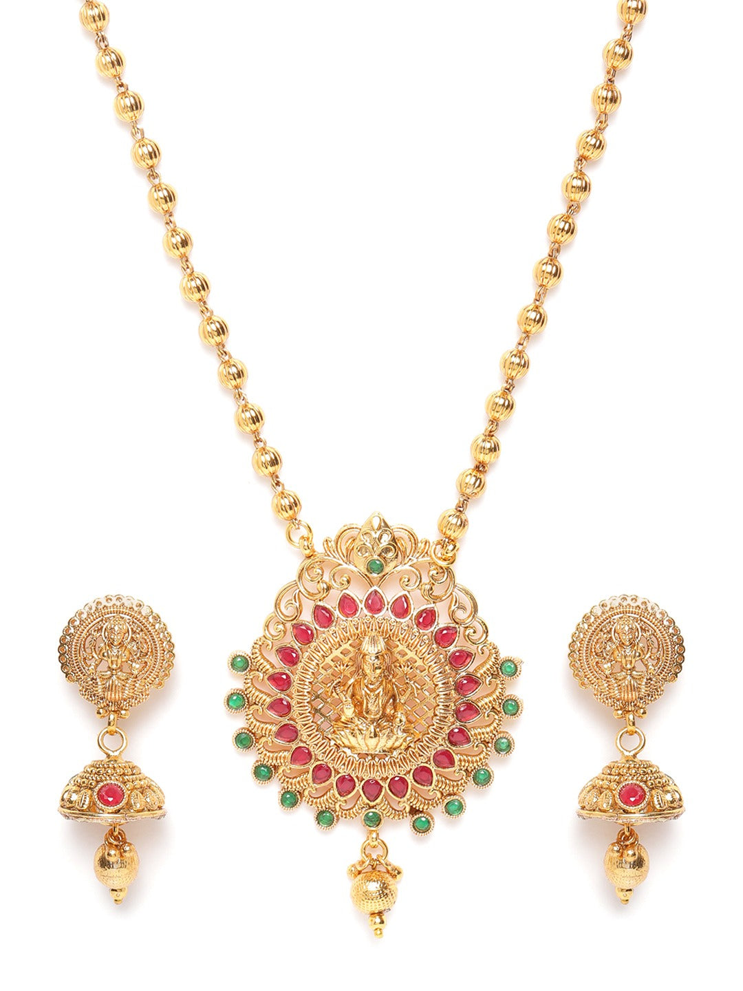 Green & Pink Gold-Plated Stone Studded Handcrafted Temple Jewellery Set