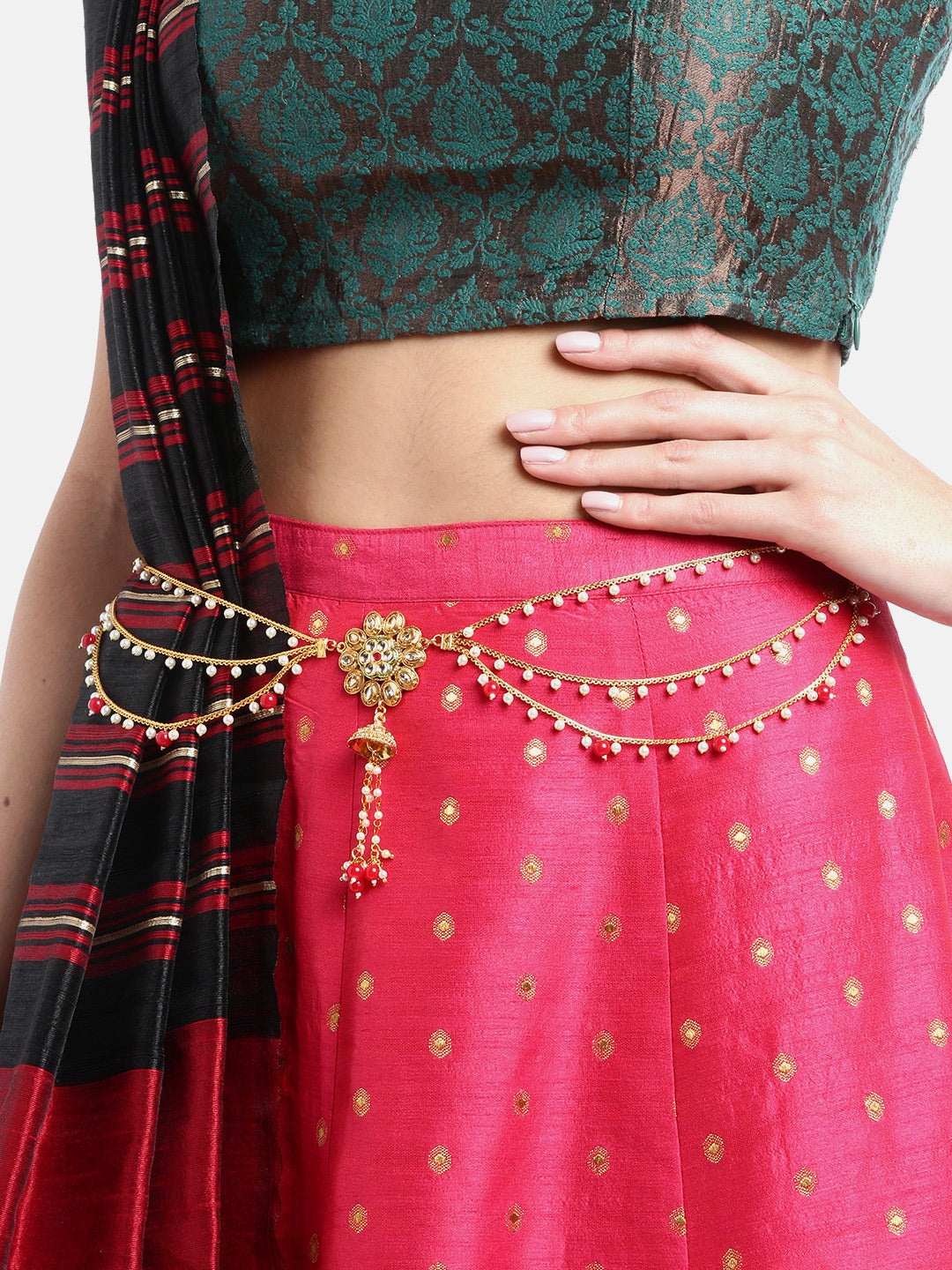 Off-White & Red Gold-Plated Kundan-Studded & Beaded Handcrafted Kamarbandh