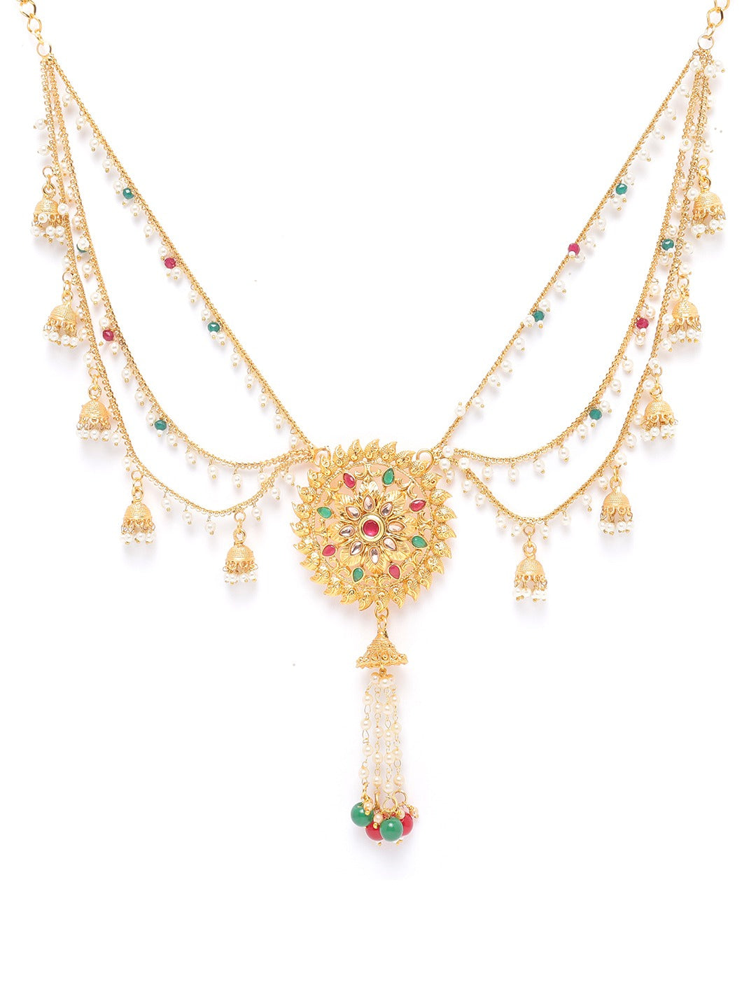 Red & Green Gold-Plated Kundan & CZ-Studded Handcrafted Kamarbandh ( American Diamond , Gold , Green )