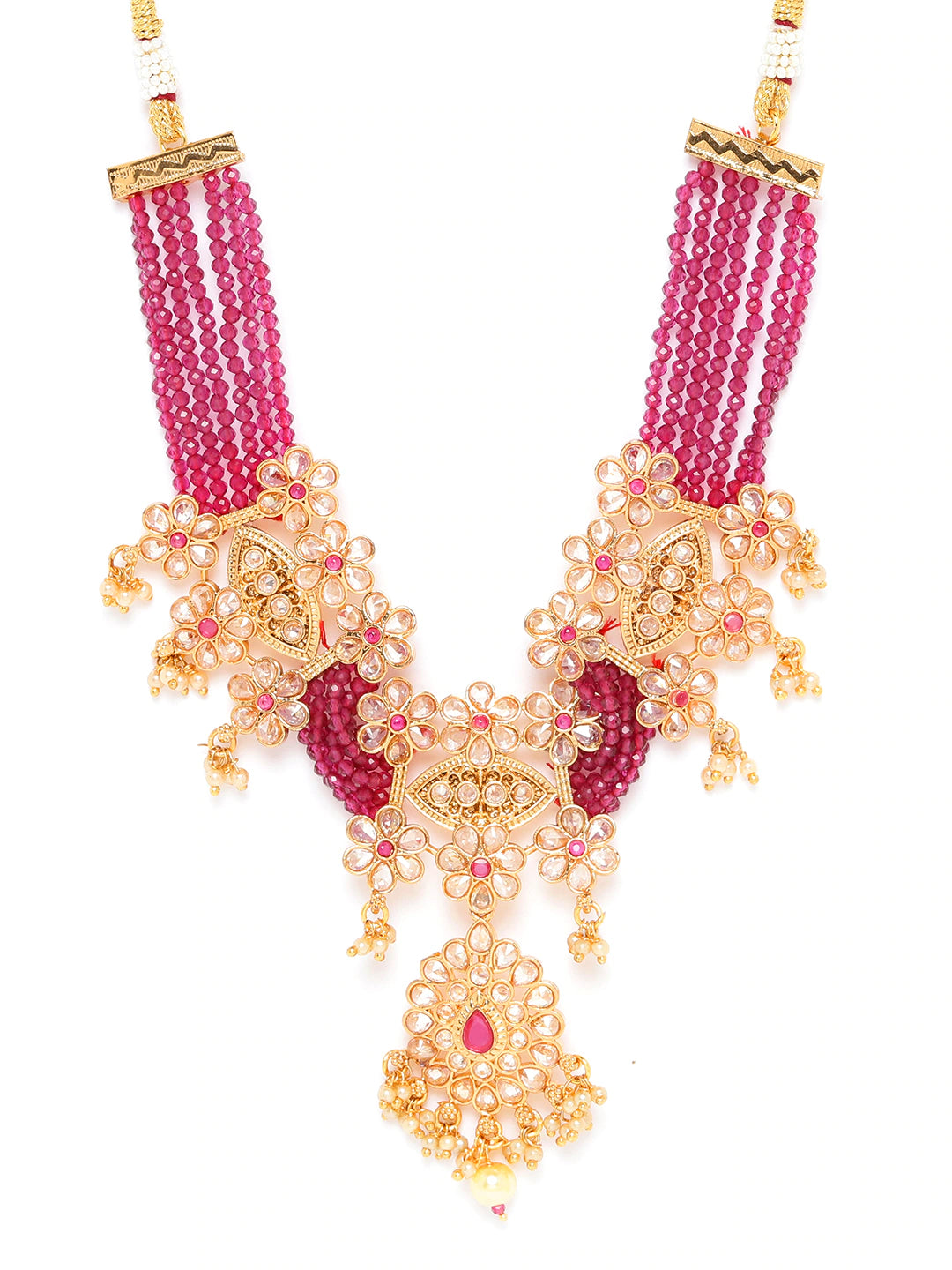 Jewels Gehna Pink Gold Plated Stone Studded & Beaded Jewellery Set ( American Diamond , Gold , Pink )