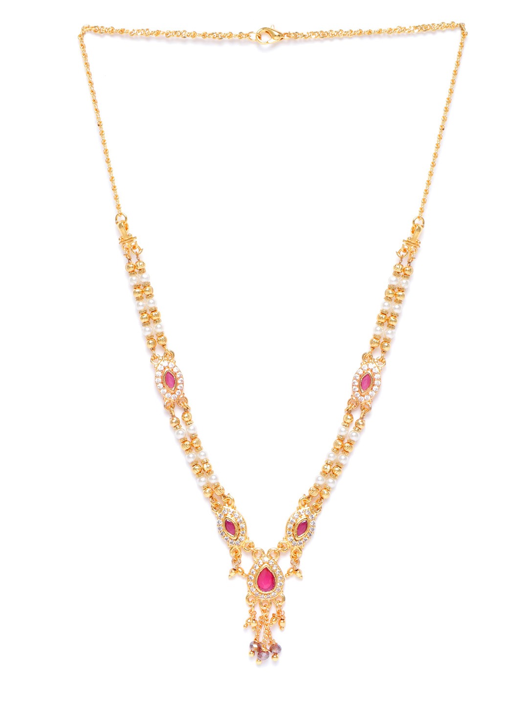 Magenta & White Gold-Plated AD-Studded Handcrafted Dual-Stranded Necklace