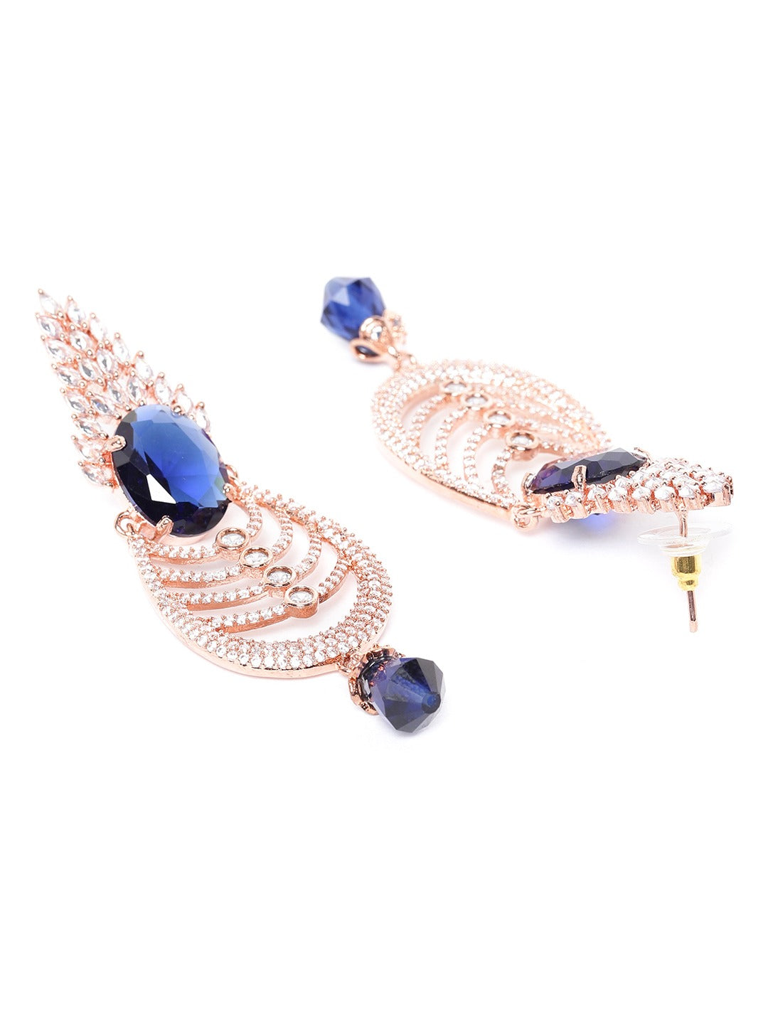 Navy Blue Rose Gold-Plated AD Studded Beaded Handcrafted Oval Drop Earrings