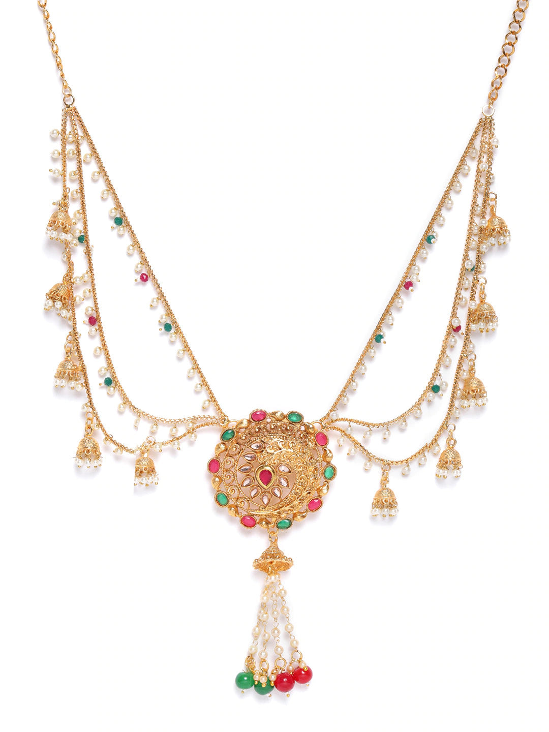 Off-White & Green Gold-Plated CZ Studded & Beaded Handcrafted Kamarbandh ( American Diamond , Gold , Off White )