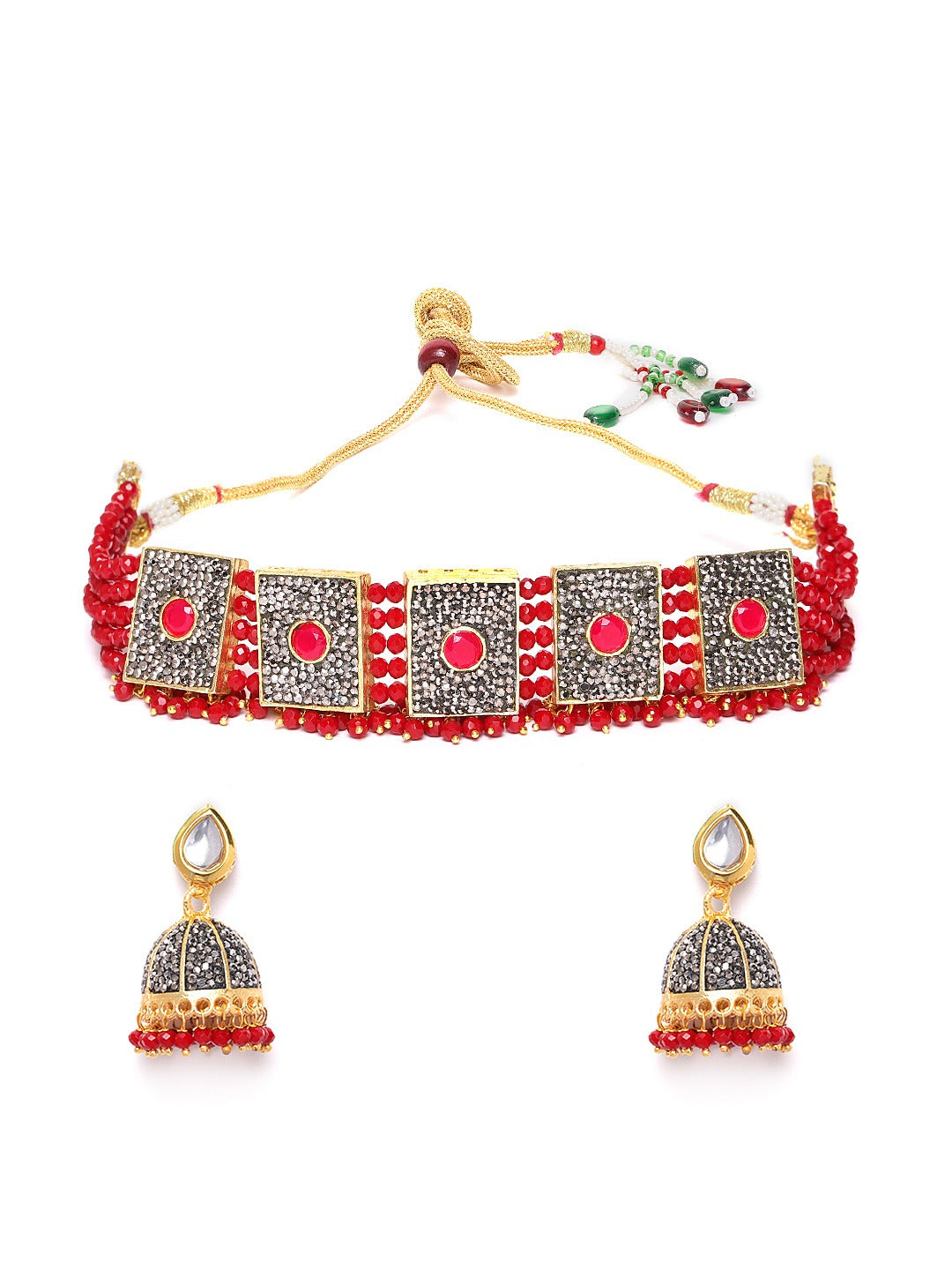 Red & Gunmetal-Toned Gold-Plated Stone-Studded Handcrafted Jewellery Set
