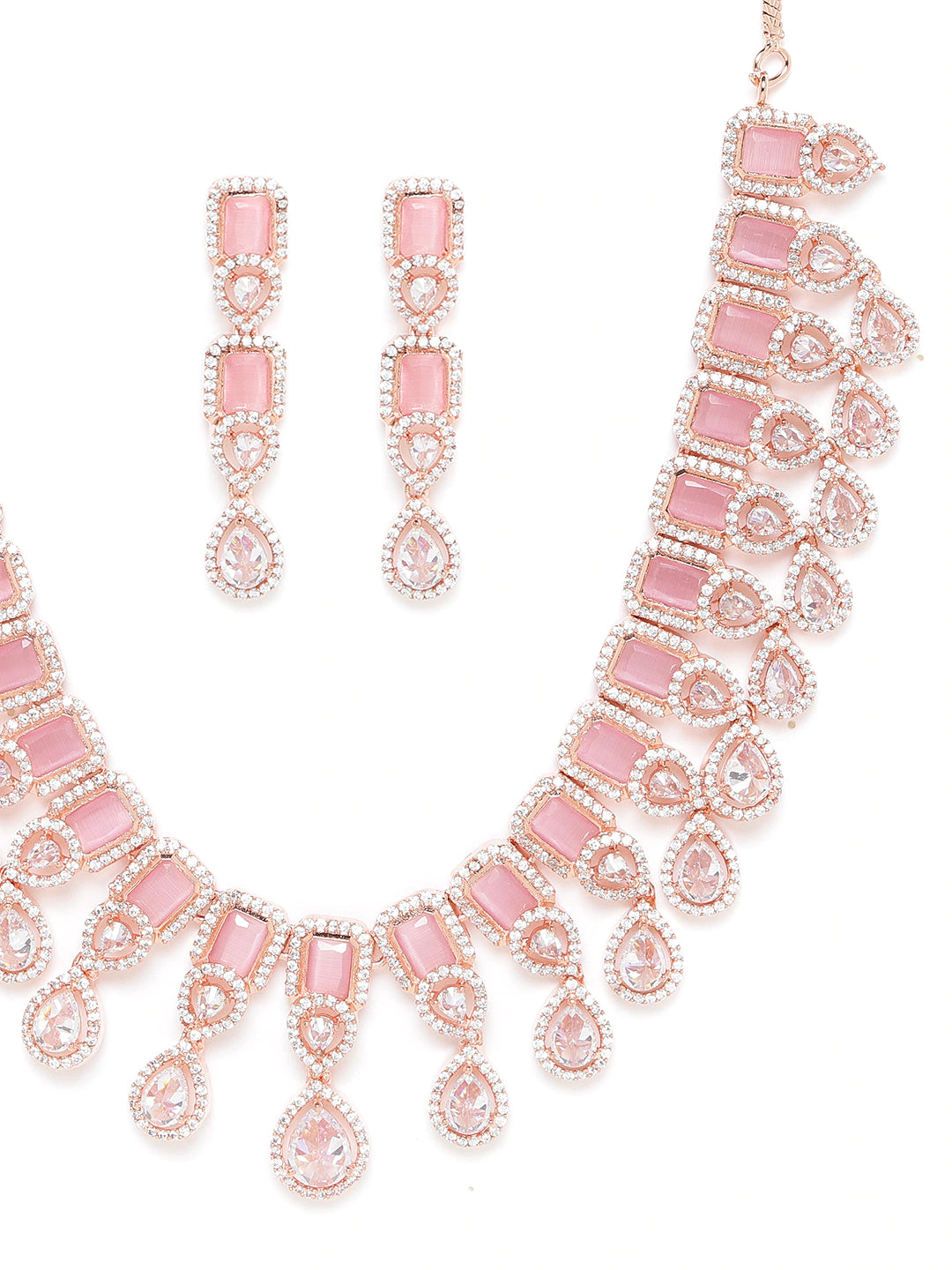Pink Rose Gold-Plated American Diamond-Studded Handcrafted Jewellery Set