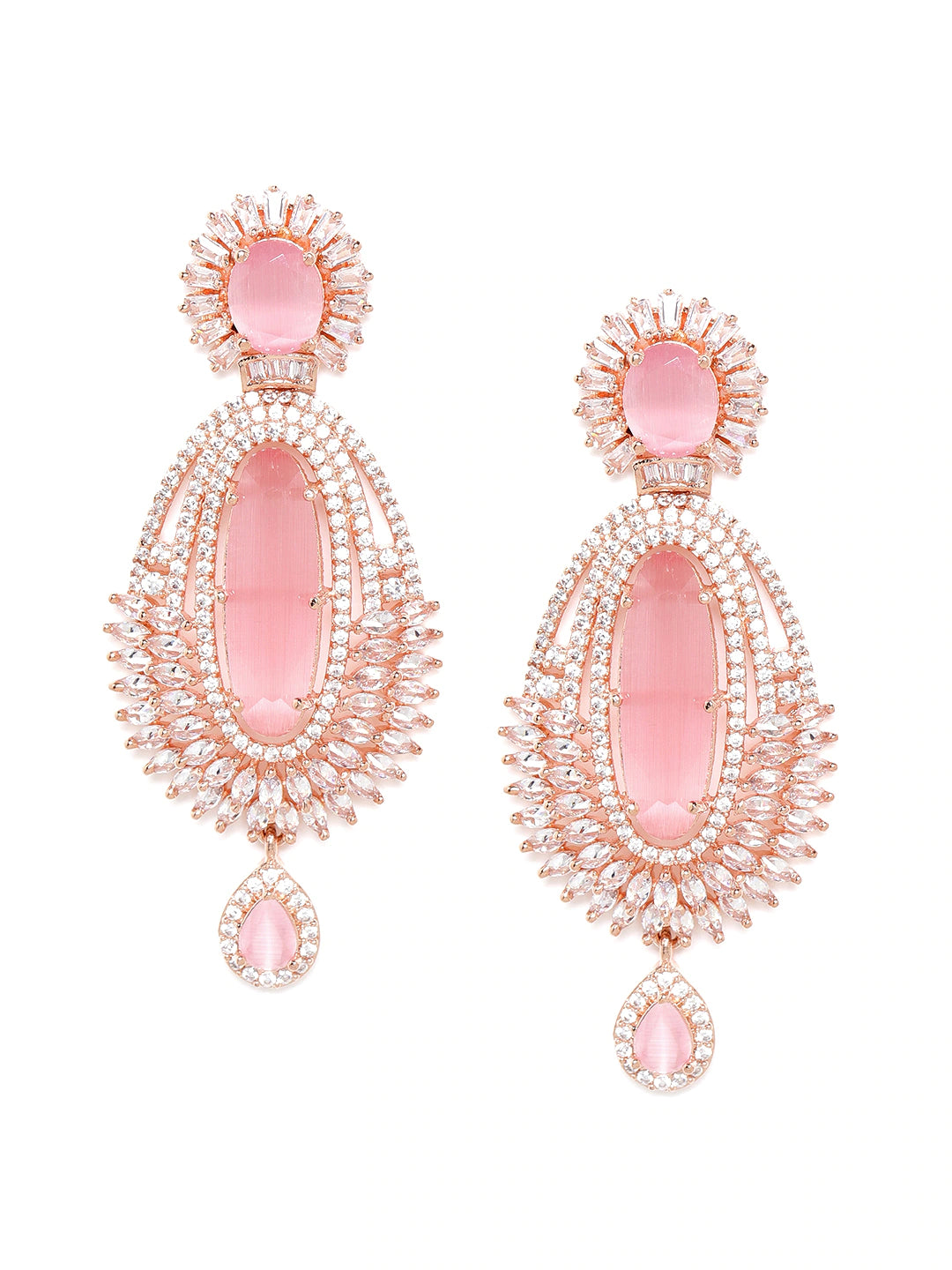 Pink Rose Gold-Plated AD Studded Handcrafted Oval Drop Earrings