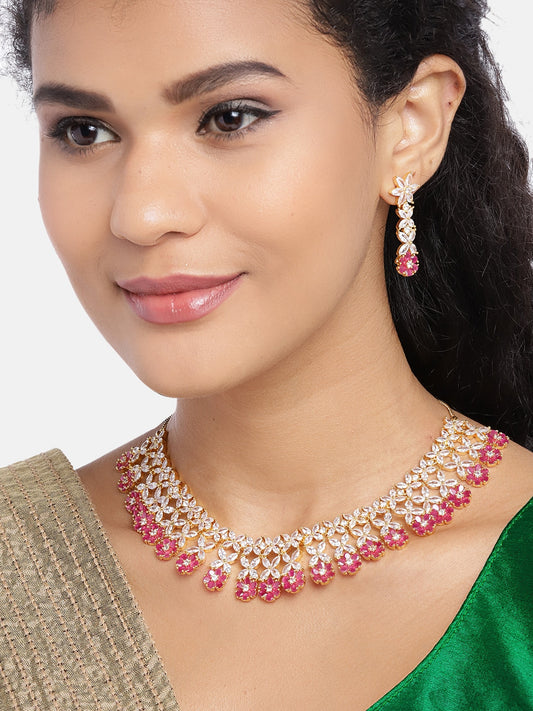 Magenta Gold-Plated AD-Studded Handcrafted Jewellery Set