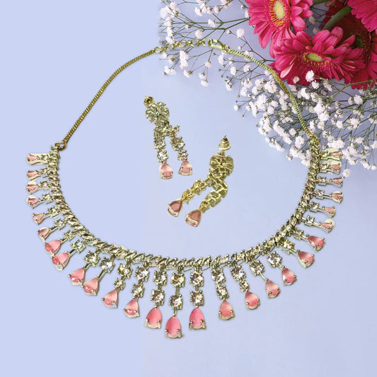 Pink Drops Studded Silver Plated Designer American Diamond Necklace Set