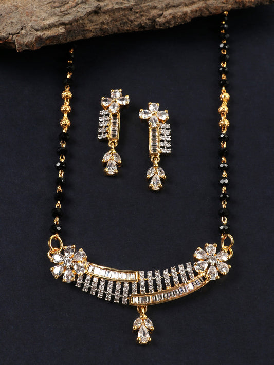 Black Gold-Plated AD-Studded Mangalsutra & Earrings Set