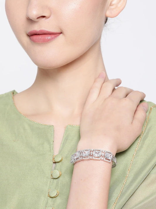 Silver Plated Handcrafted AD Studded Bangle Style Bracelet ( American Diamond , Silver , Silver )