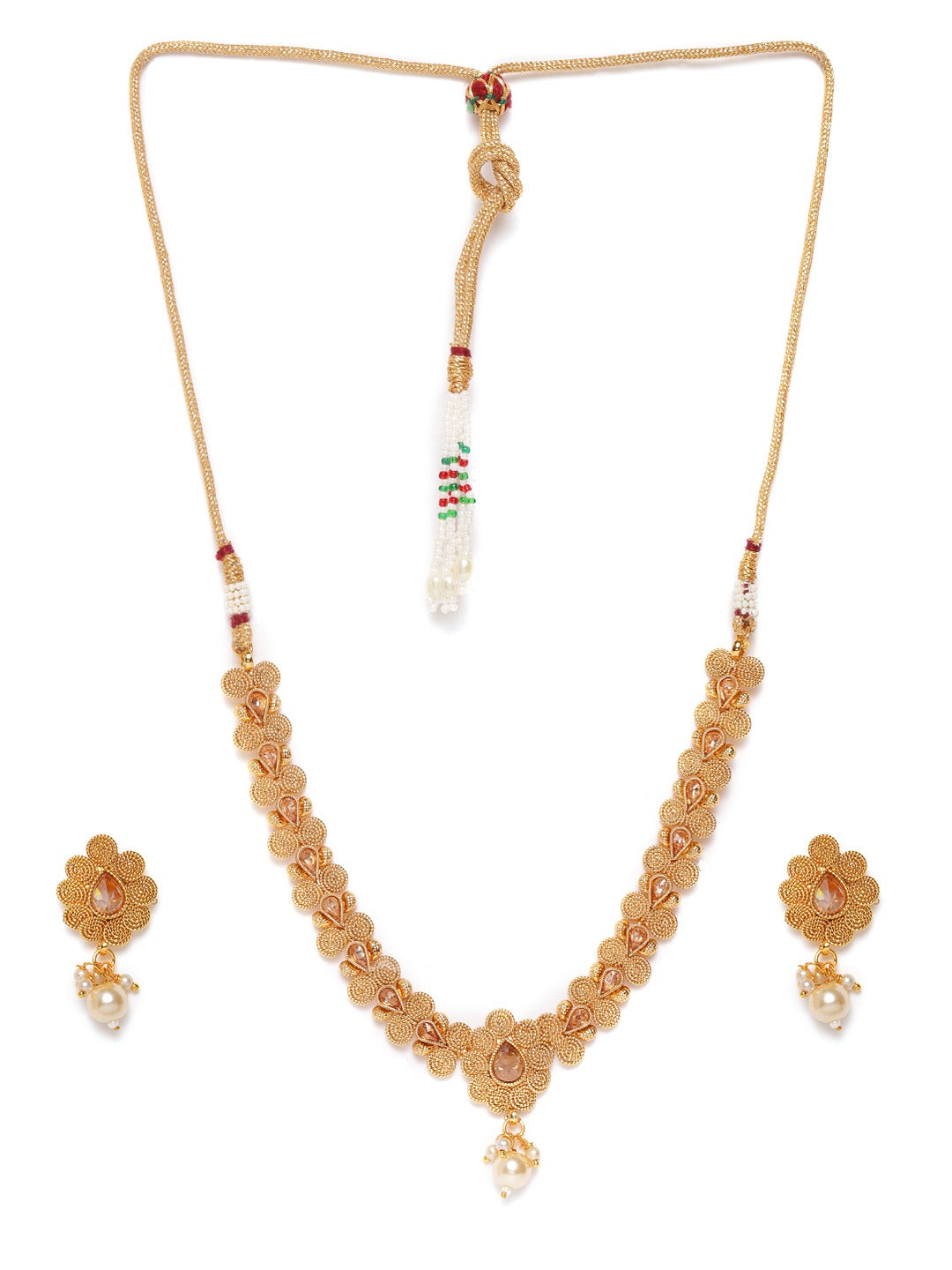 Off-White Gold-Plated Handcrafted Stone-Studded Beaded Jewellery Set ( American Diamond , Gold , Off White )