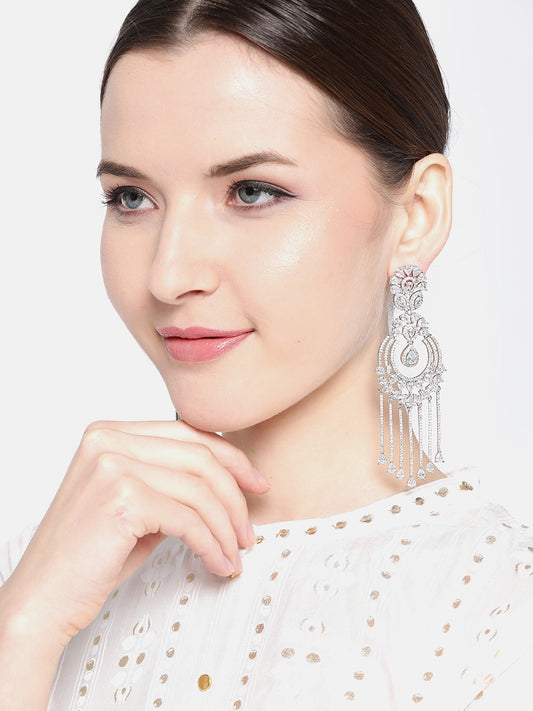 Silver-Plated AD-Studded Handcrafted Contemporary Drop Earrings