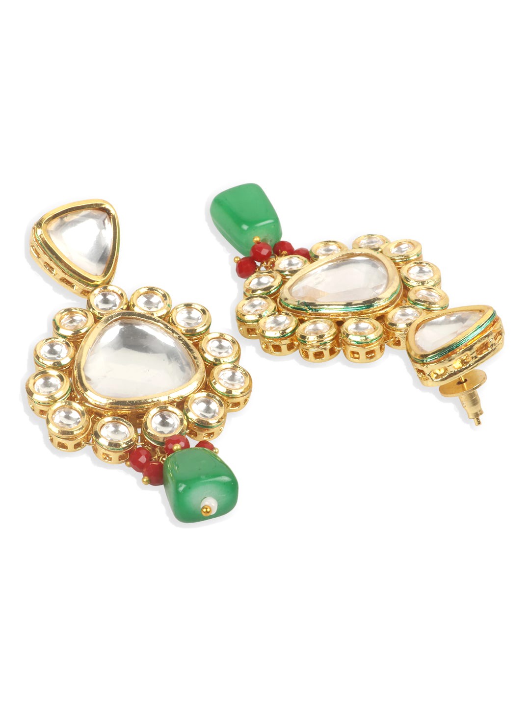 Gold-Plated White & Green Kundan-Studded & Beaded Vilandi Jewellery Set ( Kundan Polki , Gold , Green )