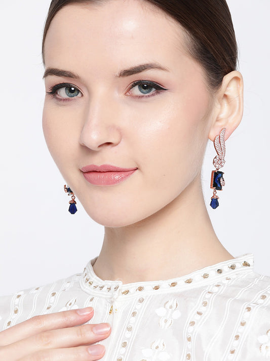 Navy Rose Gold-Plated Handcrafted AD-Studded Contemporary Drop Earrings