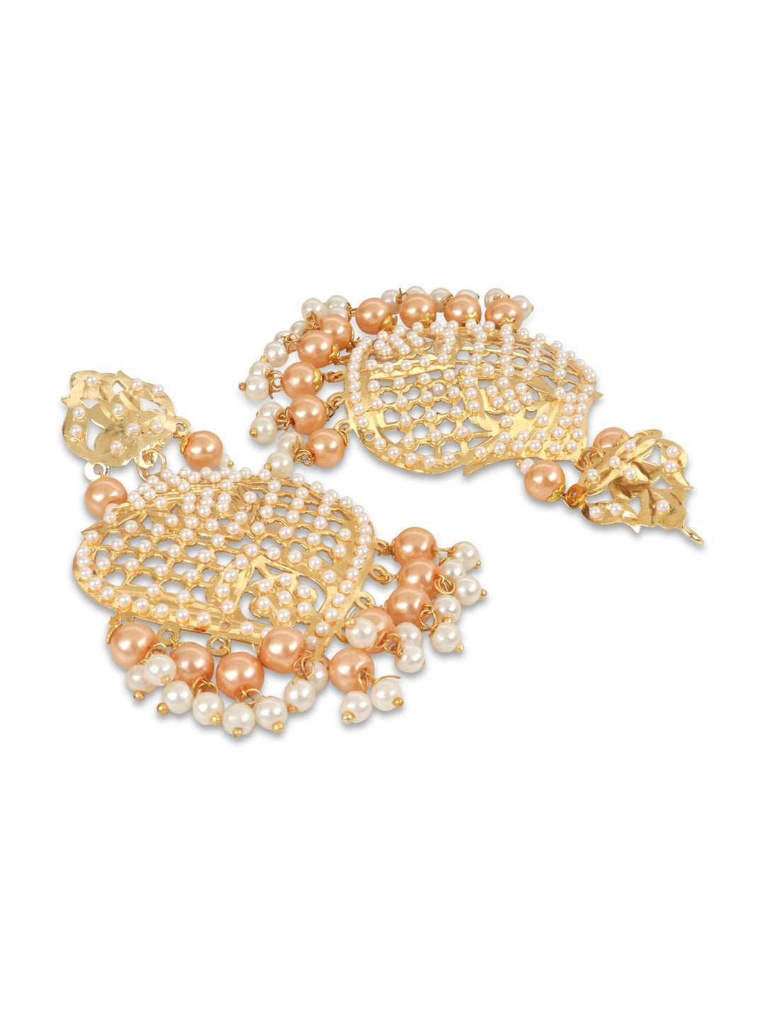 Gold-Plated White & Peach-Coloured Pearl Beaded Jewellery Set