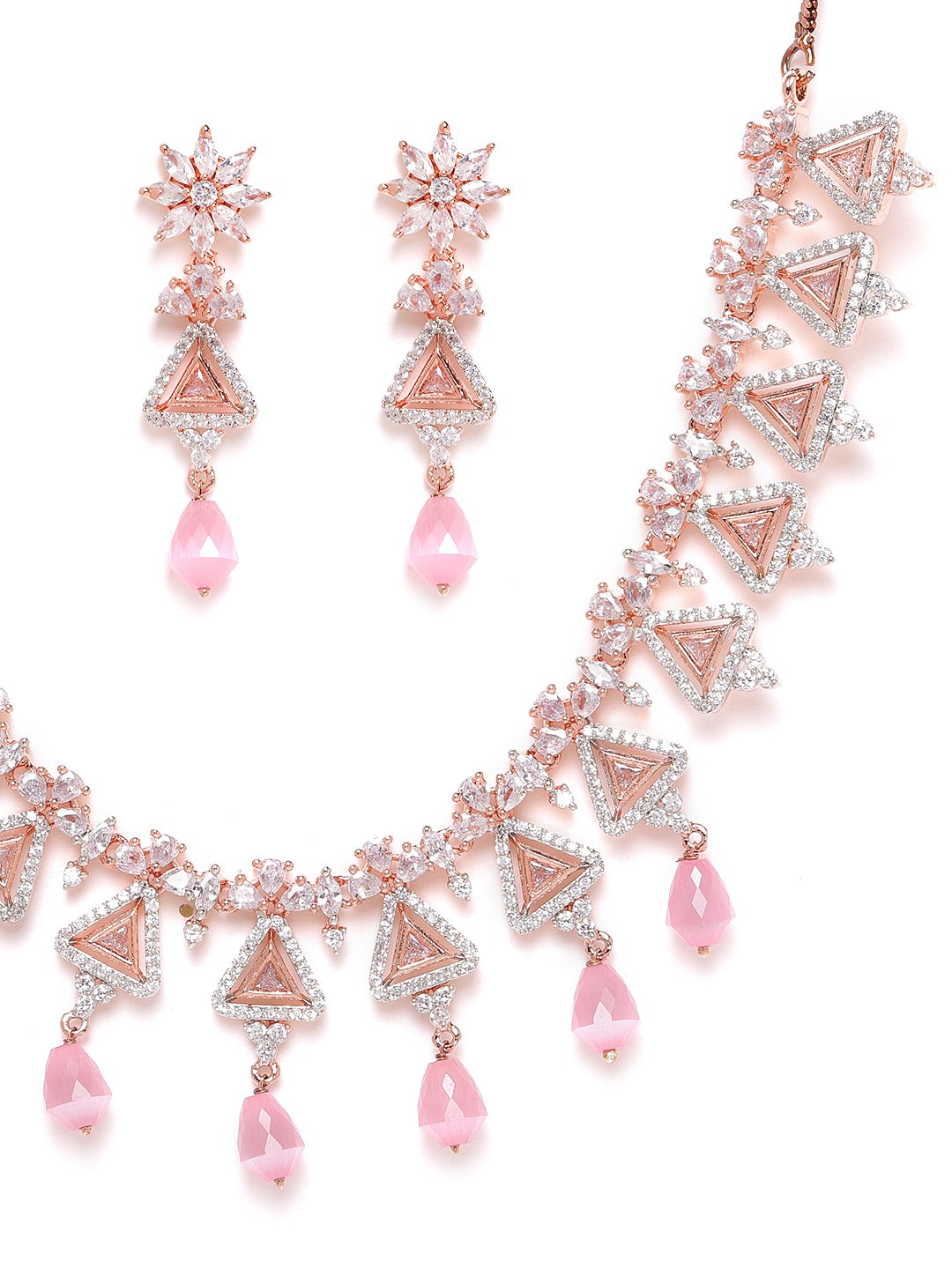 Pink Rose Gold-Plated AD-Studded Handcrafted Geometric Jewellery Set