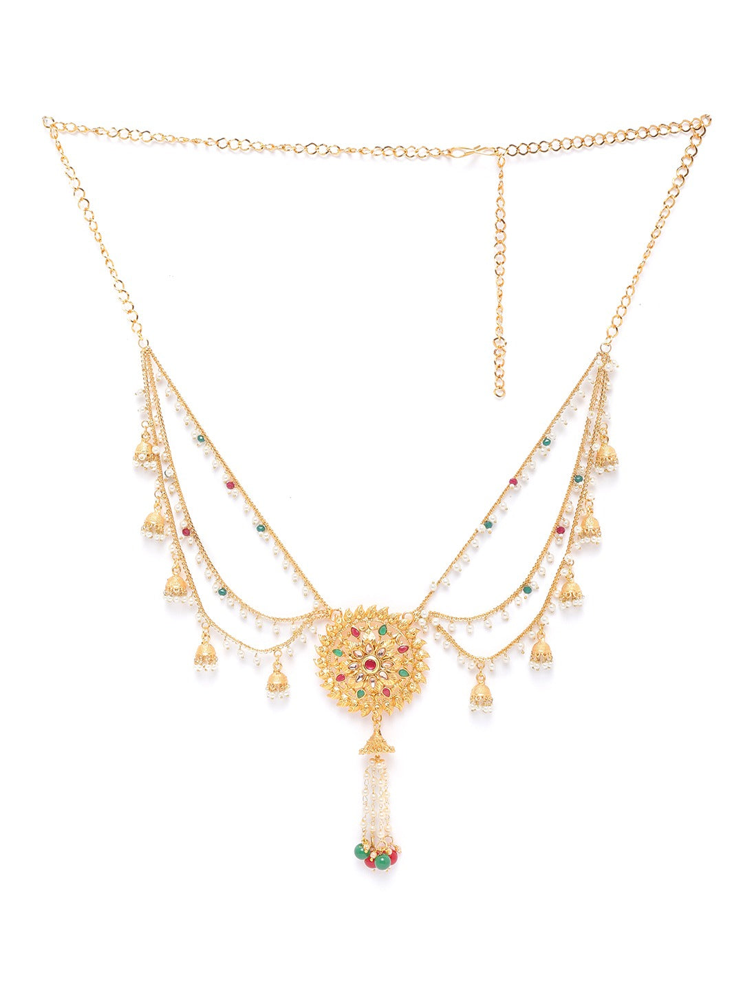 Red & Green Gold-Plated Kundan & CZ-Studded Handcrafted Kamarbandh ( American Diamond , Gold , Green )