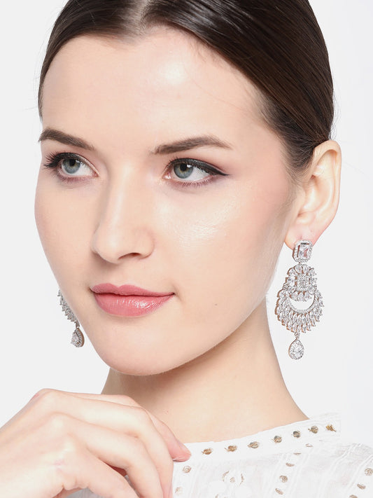 Silver-Plated AD-Studded Handcrafted Crescent Shaped Chandbalis