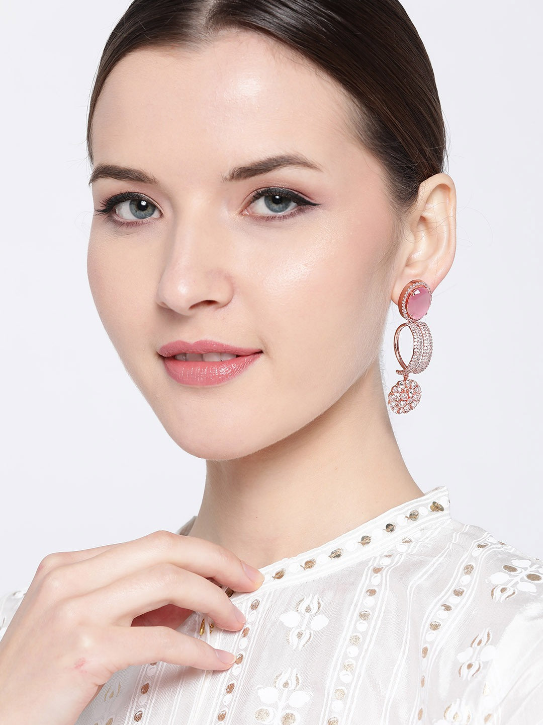 Pink Rose Gold-Plated Handcrafted AD-Studded Circular Drop Earrings
