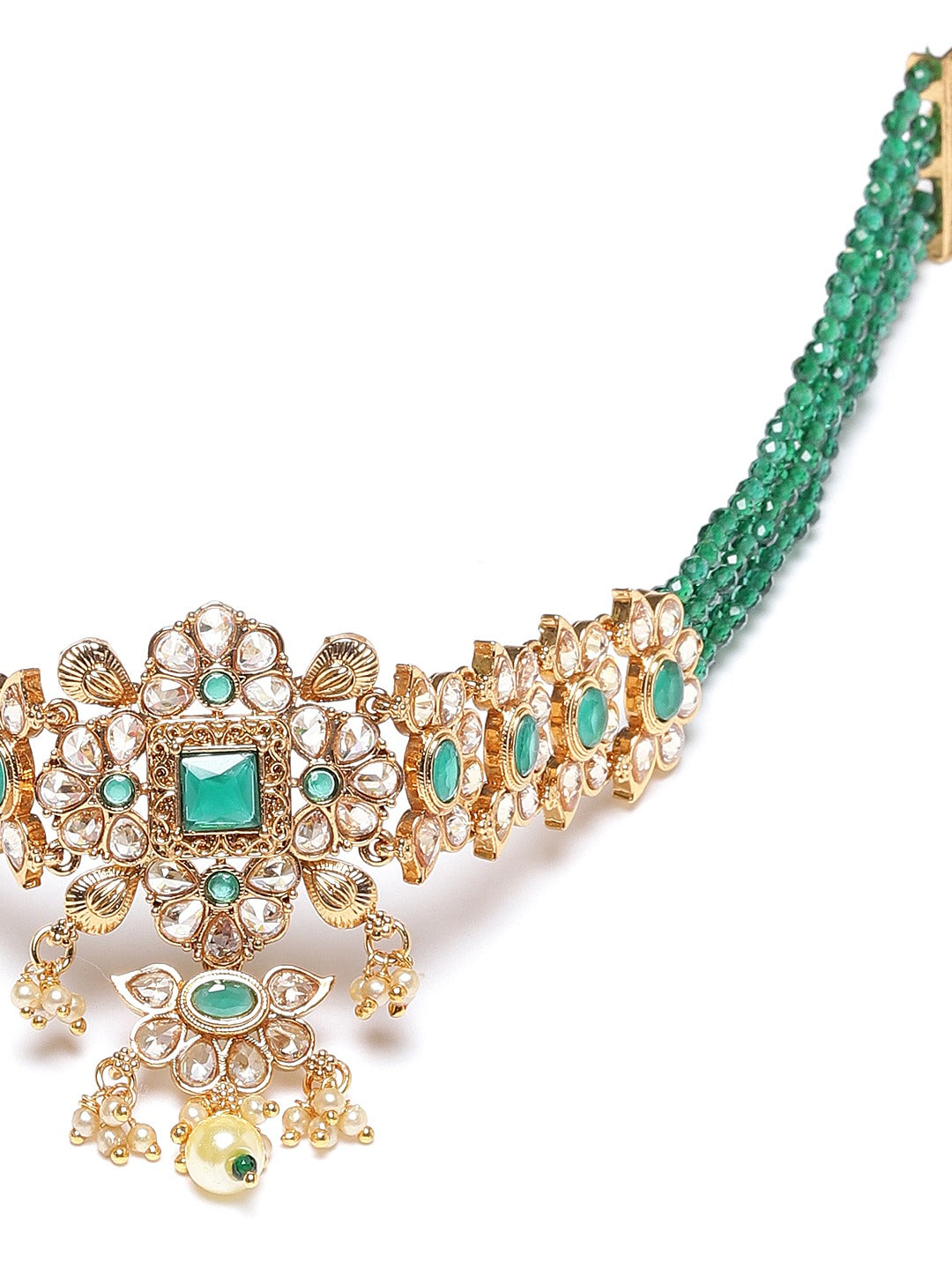 Green Gold-Plated Stone-Studded Beaded Handcrafted Jewellery Set