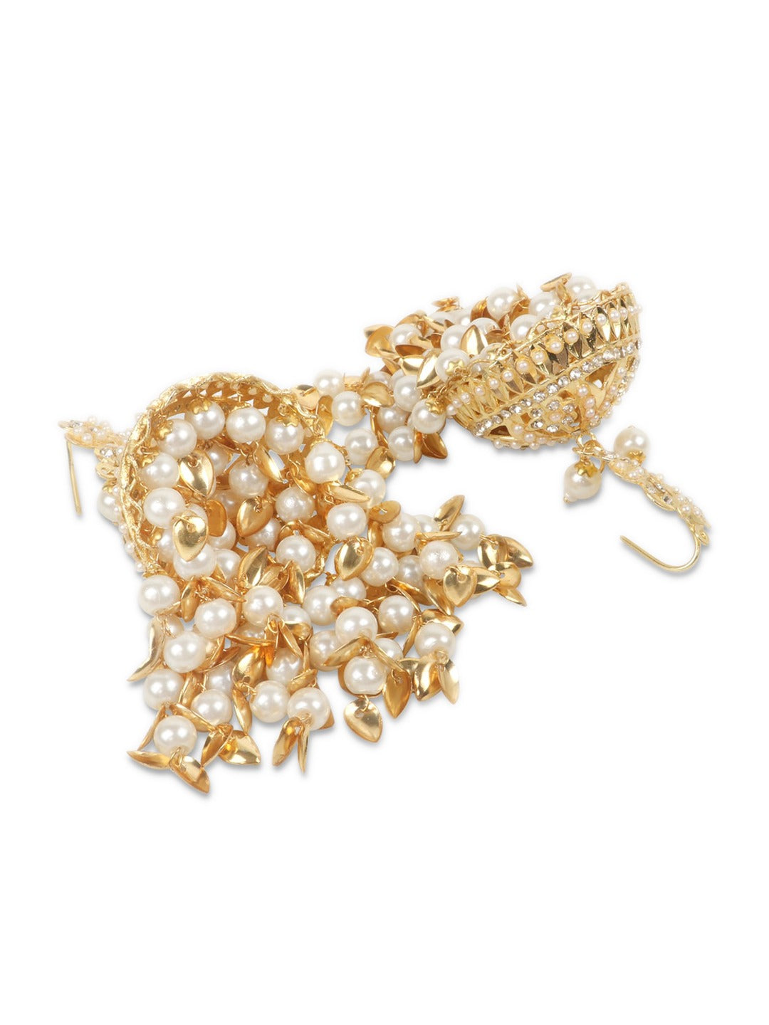 Gold-Plated White Stone-Studded & Beaded Jadau Jewellery Set