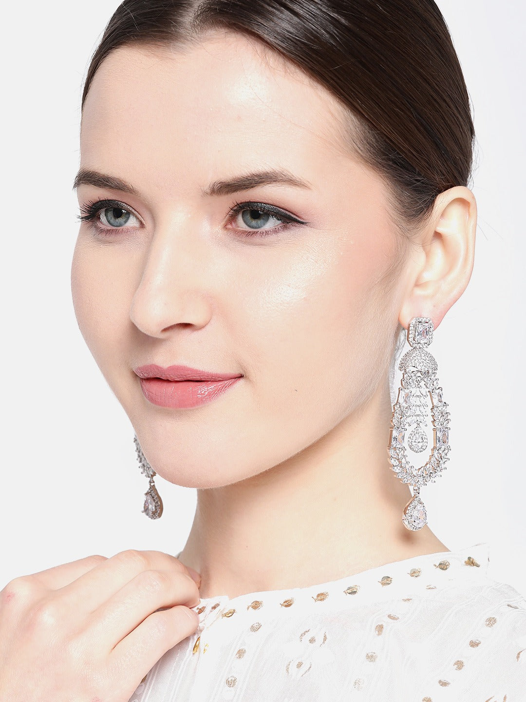 Silver-Plated AD Studded Handcrafted Drop Earrings