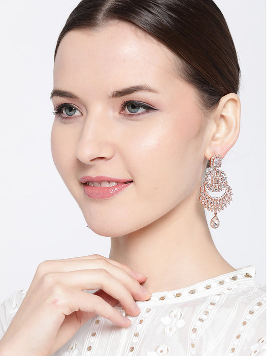 Rose Gold-Plated Handcrafted AD-Studded Crescent-Shaped Drop Earrings