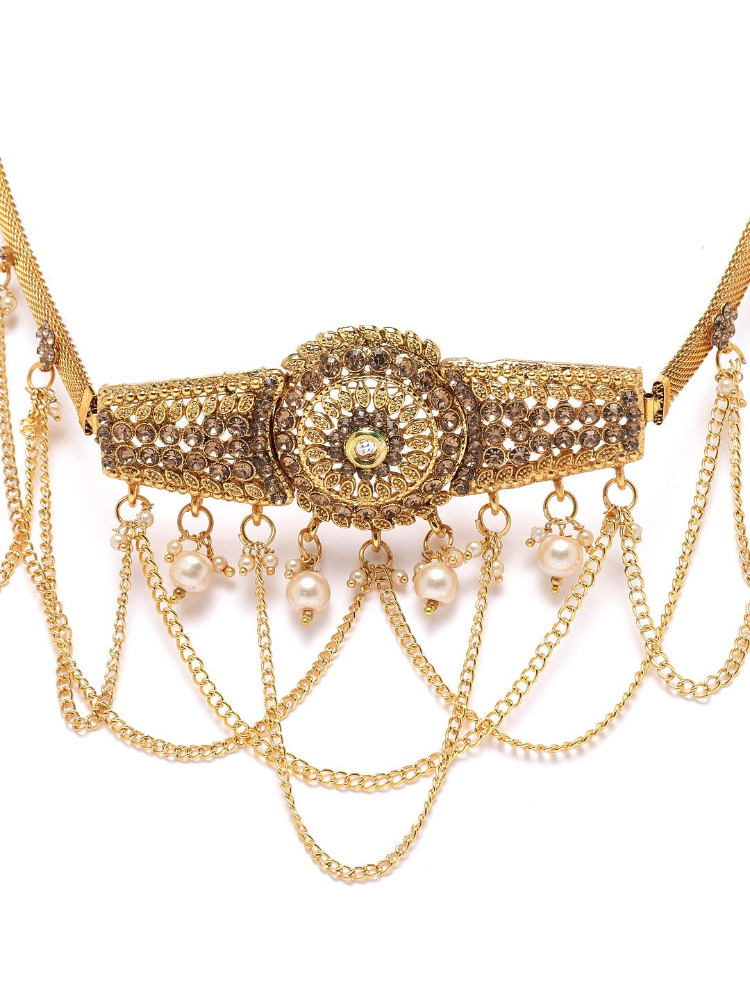 Gold-Plated CZ-Studded & Beaded Handcrafted Kamarbandh ( American Diamond , Gold , Gold )