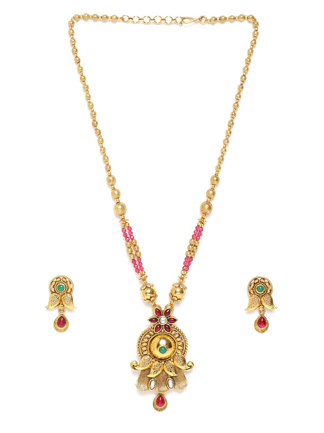 Red & Green Gold-Plated Stone Studded & Beaded Handcrafted Jewellery Set