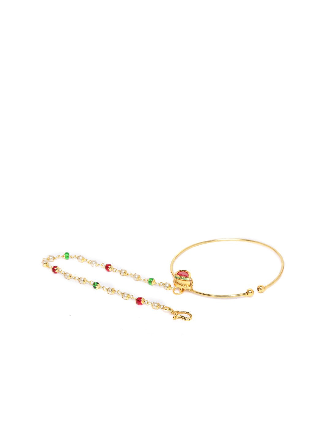 Red & Green Gold-Plated CZ-Studded & Beaded Handcrafted Chained Nose Ring