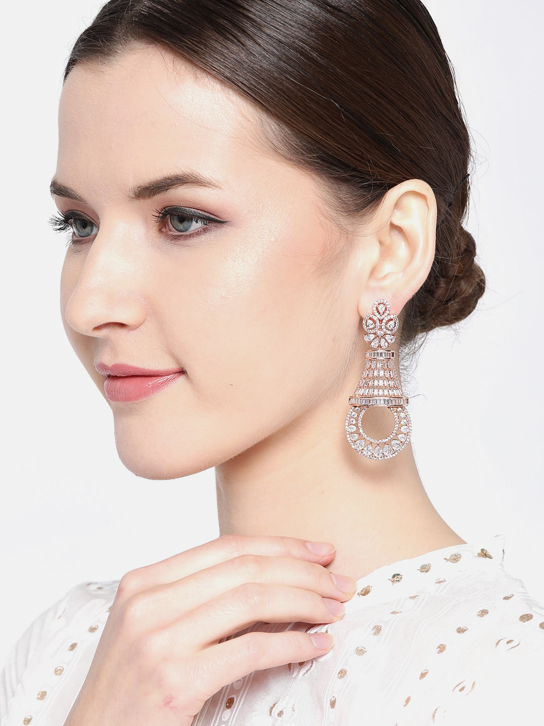Rose Gold-Plated CZ Studded Handcrafted Drop Earrings