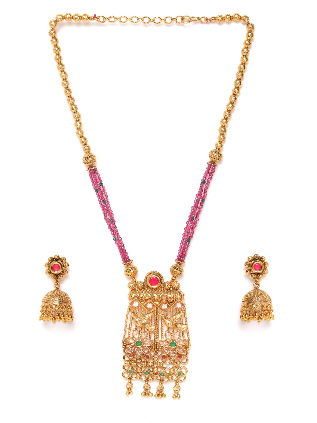 Pink Gold-Plated Handcrafted Stone-Studded Beaded Jewellery Set